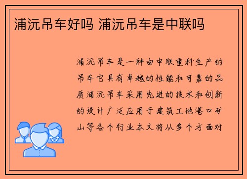 浦沅吊车好吗 浦沅吊车是中联吗